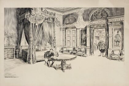 A man sits at a large table in a bedroom, eating alone. (1907)
