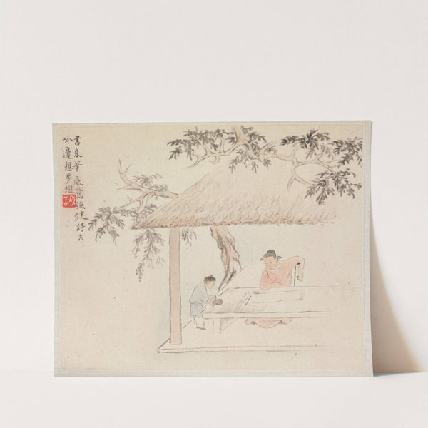 A Man Sits at a Table before an Open Scroll; a Boy Mixes Ink by Hua Yan
