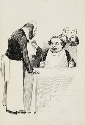 A man sits at a table in a fancy restaurant (1899)
