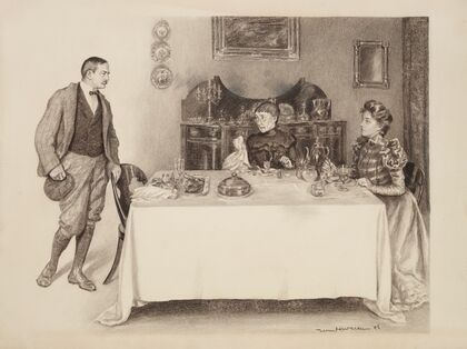 A man stands behind his chair at a table where an older and younger woman are already eating. (1898)