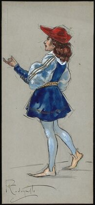 A man stands facing away with hand upraised wearing a blue doublet, hose and a red hat