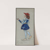 A man stands facing away with hand upraised wearing a blue doublet, hose and a red hat by Plinio Codognato