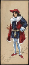 A man stands with a finger pointed, wearing a red hat, blue doublet and hose and a red overgarment