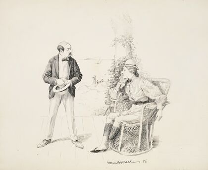 A man talks to a seated woman, who is crying, on a porch at a beach. (1896)