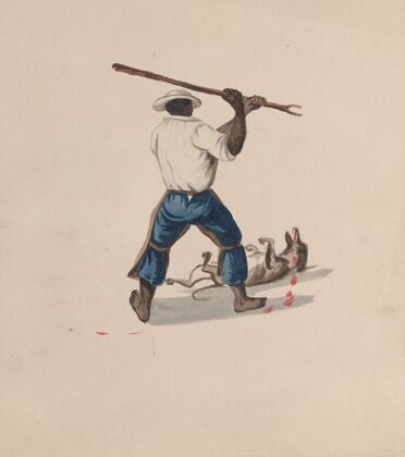 A man viewed from behind beating a dog with a stick