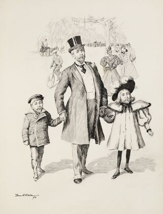 A man walks in a crowded park with his young son and daughter, only both children have the same face as him. (1896)