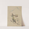 A man, wearing a conical hat, a straw or feather outer garment, and boots, is carrying a long-handled tool by Katsushika Hokusai