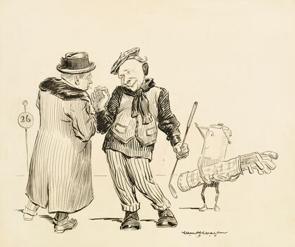 A man who has been golfing talks with another man who is smoking at the 26th hole (1910)