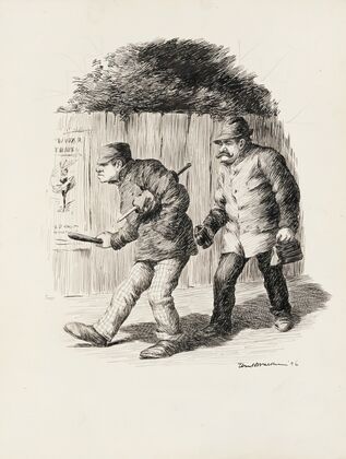 A man with a bag and a thermos follows a man with a club and a knife in the dark, along a fence with a poster for a ballet. (1896)