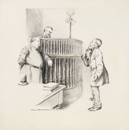 A man with a beard stands before a judge and a police officer. The man has a dark nose, possibly from drinking. (1897)