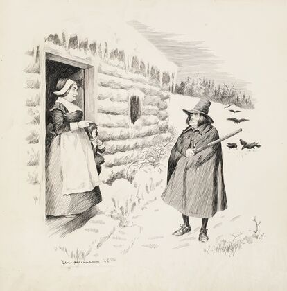 A man with a rifle stands in the snow and talks to a woman and child in the doorway of a log cabin. (1898)