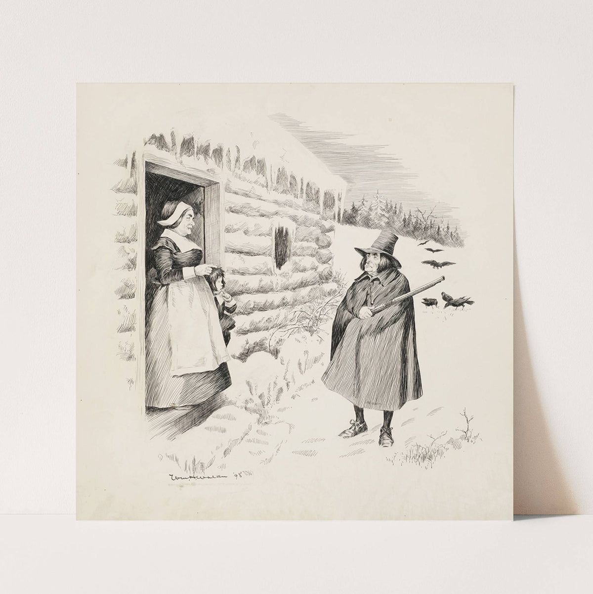 A man with a rifle stands in the snow and talks to a woman and child in the doorway of a log cabin. (1898) by William Henry Walker
