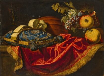 A mandolin with a book of music on a blue and gold cushion, with fruit on a partially draped ledge