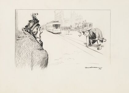 A man’s beard is stuck in the tracks of a trolley. (1896)