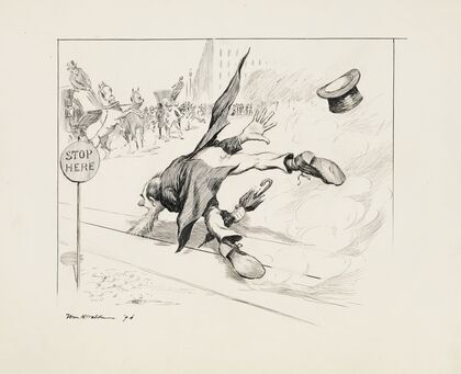 A man’s beard is stuck in trolley tracks, disrupting traffic on the street. (1896)