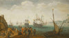 A Marine With Five Vessels Out To Sea And Another In Port, And With Groups Of Largely Male Figures Engaged In Buying Or Selling Fish Or Other Wares
