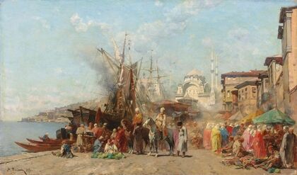 A market before Nusretiye Camii mosque in Tophane, Constantinople