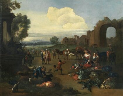 A market scene with a river landscape beyond — size preview