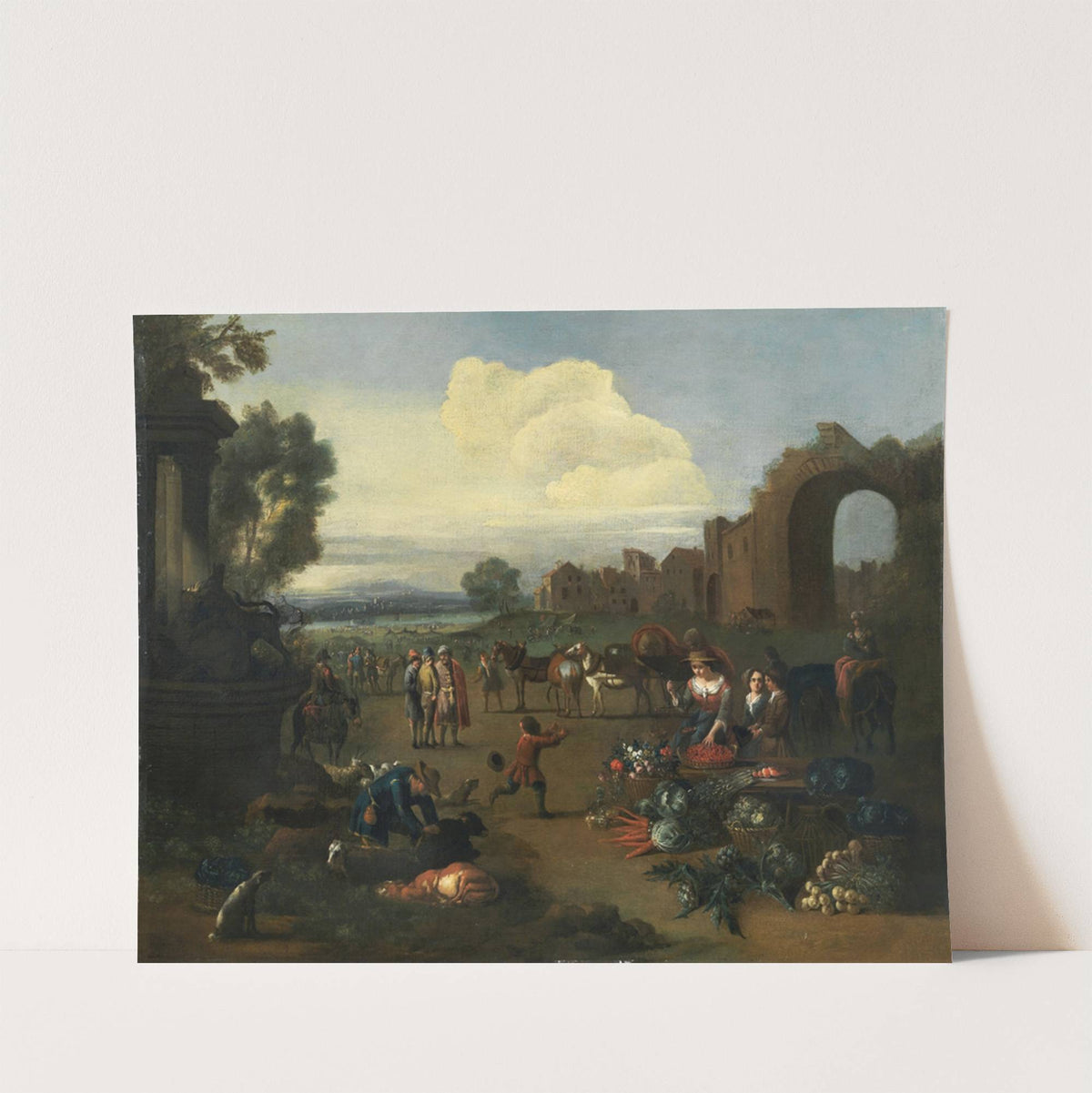 A market scene with a river landscape beyond by Peter Tillemans