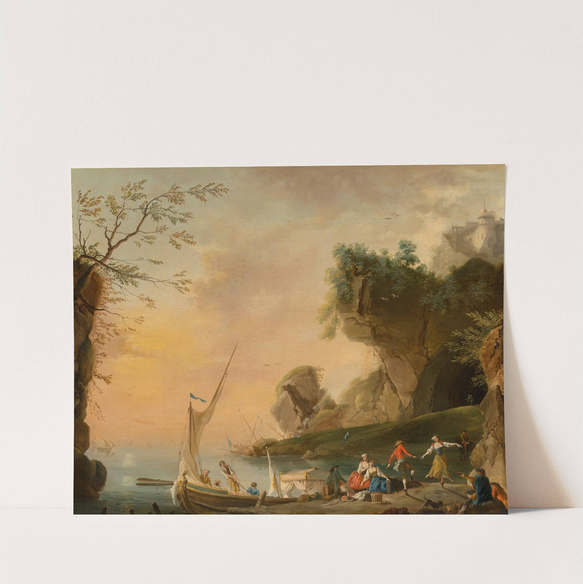 A Mediterranean coastal landscape with boats and figures by School Of Charles François Lacroix