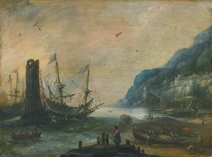 A mediterranean coastal scene with a tower, ships, and figures on the shore