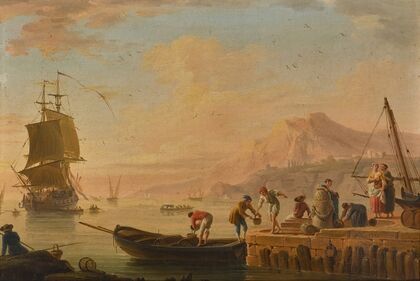 A Mediterranean harbour scene with fishermen unloading their boats