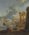 A Mediterranean Harbour Scene With Travellers On The Shore, A Dutch Man-Of-War On The Left