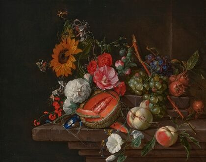 A melon, peaches, grapes, medlars, sunflowers, roses, peonies and other flowers with butterflies and other insects on a stone ledge