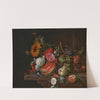 A melon, peaches, grapes, medlars, sunflowers, roses, peonies and other flowers with butterflies and other insects on a stone ledge by Cornelis de Heem