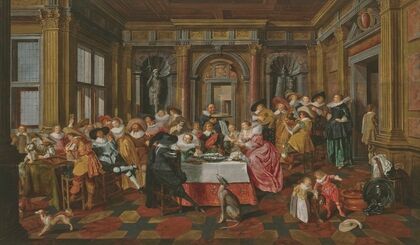 A merry company in a palatial interior, with musicians and tric-trac players