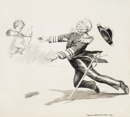 A military leader is shot by the bow of a small cherub. (1899)