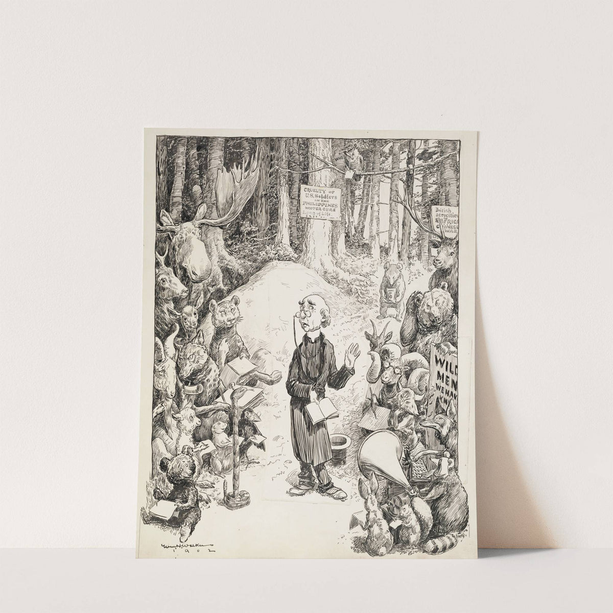 A minister preaches in the forrest to a group of animals, most of them taking notes (1902) by William Henry Walker