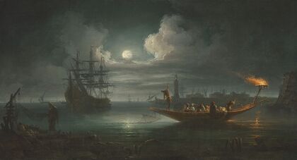 A moonlit Mediterranean harbour with fishermen pulling in their catch, a full-rigged pinnace and other shipping beyond