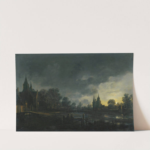 A Moonlit River Landscape With Figures Standing By A Gate, A Village Beyond by Aert van der Neer