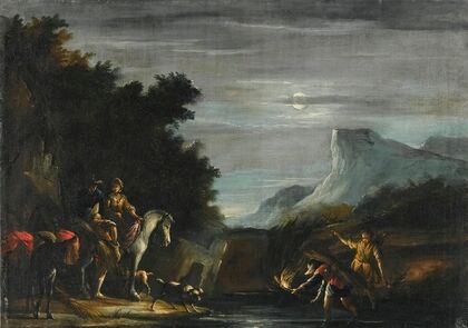 A Moonlit Scene With Travellers Crossing A Stream