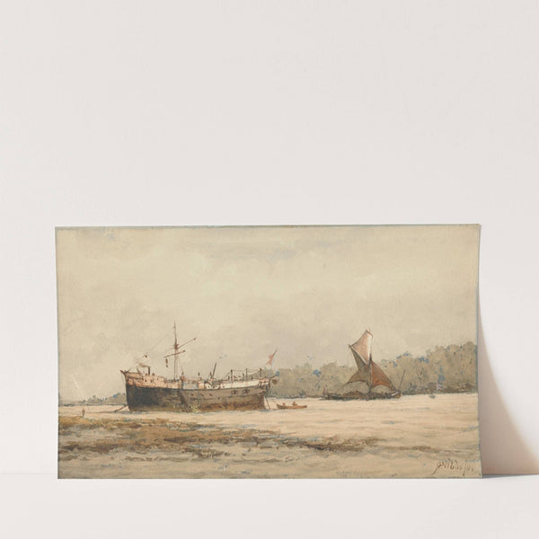 A Moored Barque and Barge in a River (1884) by Richard Henry Nibbs