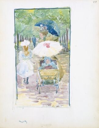 A mother pushing her baby in a perambulator, with her daughter at her side (1895–1897)
