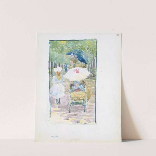 A mother pushing her baby in a perambulator, with her daughter at her side (1895–1897) by Maurice Prendergast