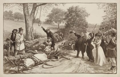 A motorist pleads for his life as a crowd prepares to lynch him for causing an accident with a horse and wagon, killing a woman. (1902)