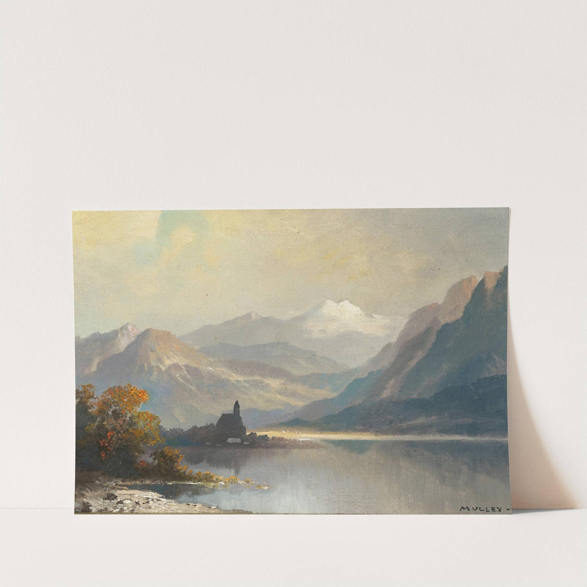 A mountain lake with a chapel by Oskar Mulley