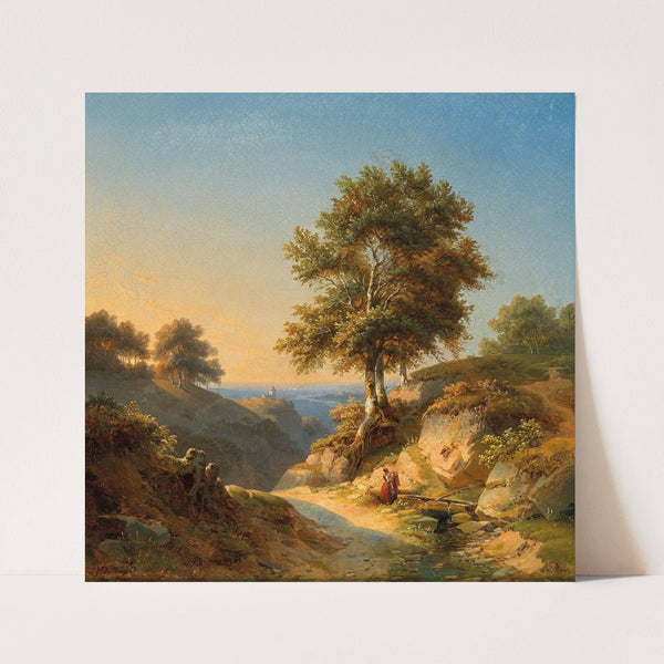 A Mountain Landscape with a Woman at Spring Fountain by Heinrich Dallwig