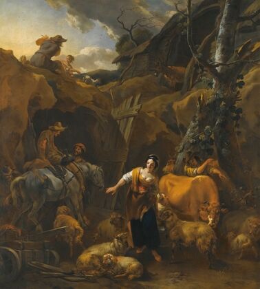 A mountainous italianate landscape with milkmaids and other figures