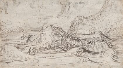 A Mountainous Landscape near a River with a Horse-Drawn Barge and Several Figures