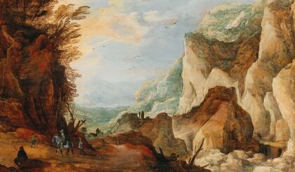 A mountainous landscape with travellers