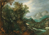 A mountainous river landscape with a hermit