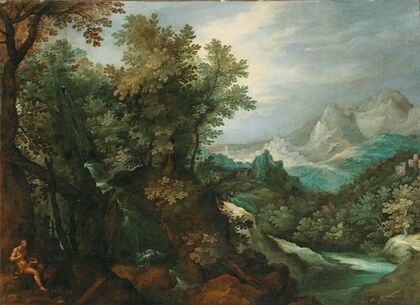 A mountainous river landscape with a hermit