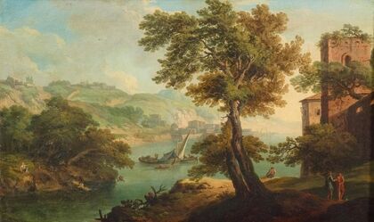 A mountainous river landscape with fishermen, a village beyond