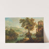 A mountainous river landscape with fishermen, a village beyond by Paolo Anesi