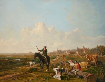 A mounted gamekeeper questions the cattle herders on their being found with a sporting dog