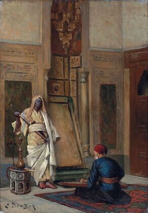 A musician and a guardsman in an oriental interior